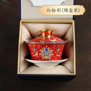 Kungfu tea set household ceramic tea bowl cloisonné Jingmei Dezhen enamel color gold edge enamel color three-cai bowl