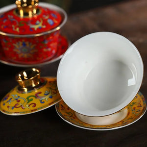 Kungfu tea set household ceramic tea bowl cloisonné Jingmei Dezhen enamel color gold edge enamel color three-cai bowl