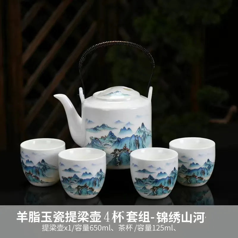 Large teapot ceramic mutton fat jade handle teapot teapot household tea kettle