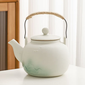 Small fresh lifting beam ceramic household modern home style simple rough pottery landscape tea set teapot single pot Chinese style