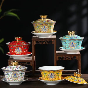 Kungfu tea set household ceramic tea bowl cloisonné Jingmei Dezhen enamel color gold edge enamel color three-cai bowl