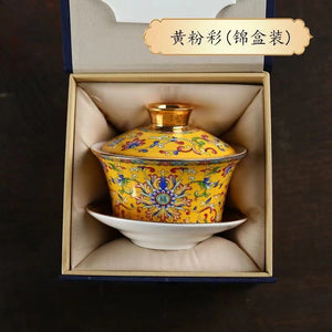 Kungfu tea set household ceramic tea bowl cloisonné Jingmei Dezhen enamel color gold edge enamel color three-cai bowl