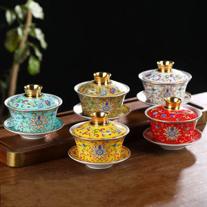 Kungfu tea set household ceramic tea bowl cloisonné Jingmei Dezhen enamel color gold edge enamel color three-cai bowl