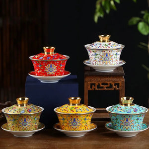 Kungfu tea set household ceramic tea bowl cloisonné Jingmei Dezhen enamel color gold edge enamel color three-cai bowl