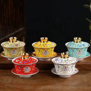 Kungfu tea set household ceramic tea bowl cloisonné Jingmei Dezhen enamel color gold edge enamel color three-cai bowl