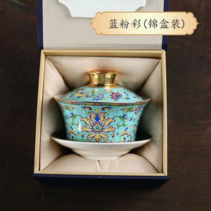 Kungfu tea set household ceramic tea bowl cloisonné Jingmei Dezhen enamel color gold edge enamel color three-cai bowl